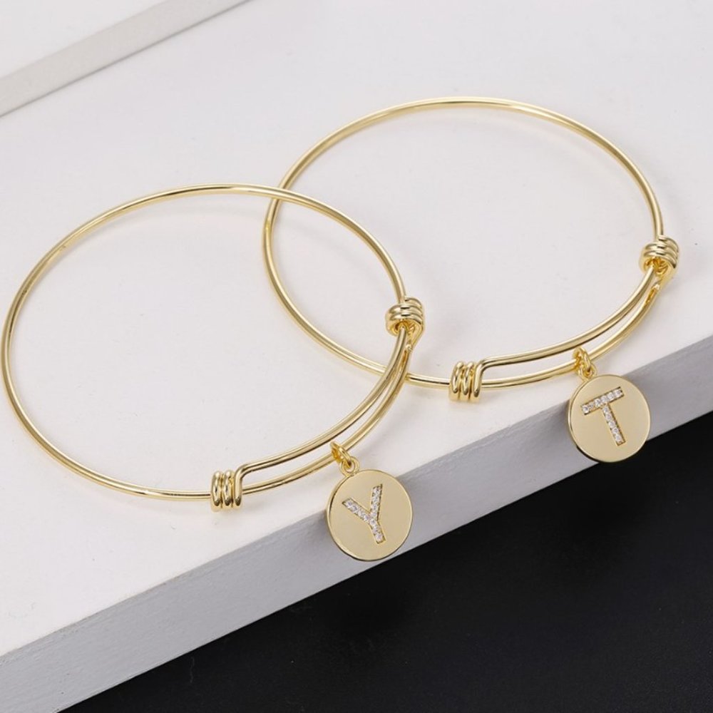 Adjustable Initial Crystal Wire Bangles - Initial Bracelet - Name Plate Bracelet